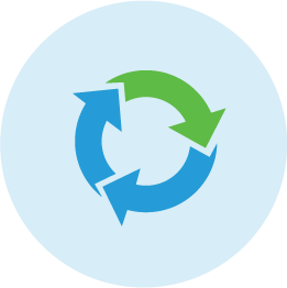 Blue and green illustrated icon of circle with recycle arrows.