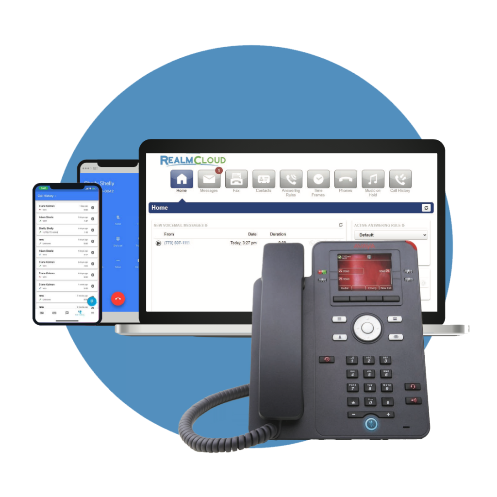 RealmCloud being used on laptop, office phone, tablet, and mobile device.