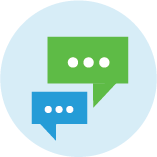 Blue and green illustrated icon of text chat boxes.
