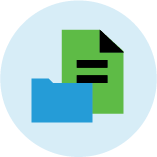 Blue and green illustrated icon of file entering a file folder.