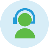 Blue and green illustrated icon of worker wearing headset.