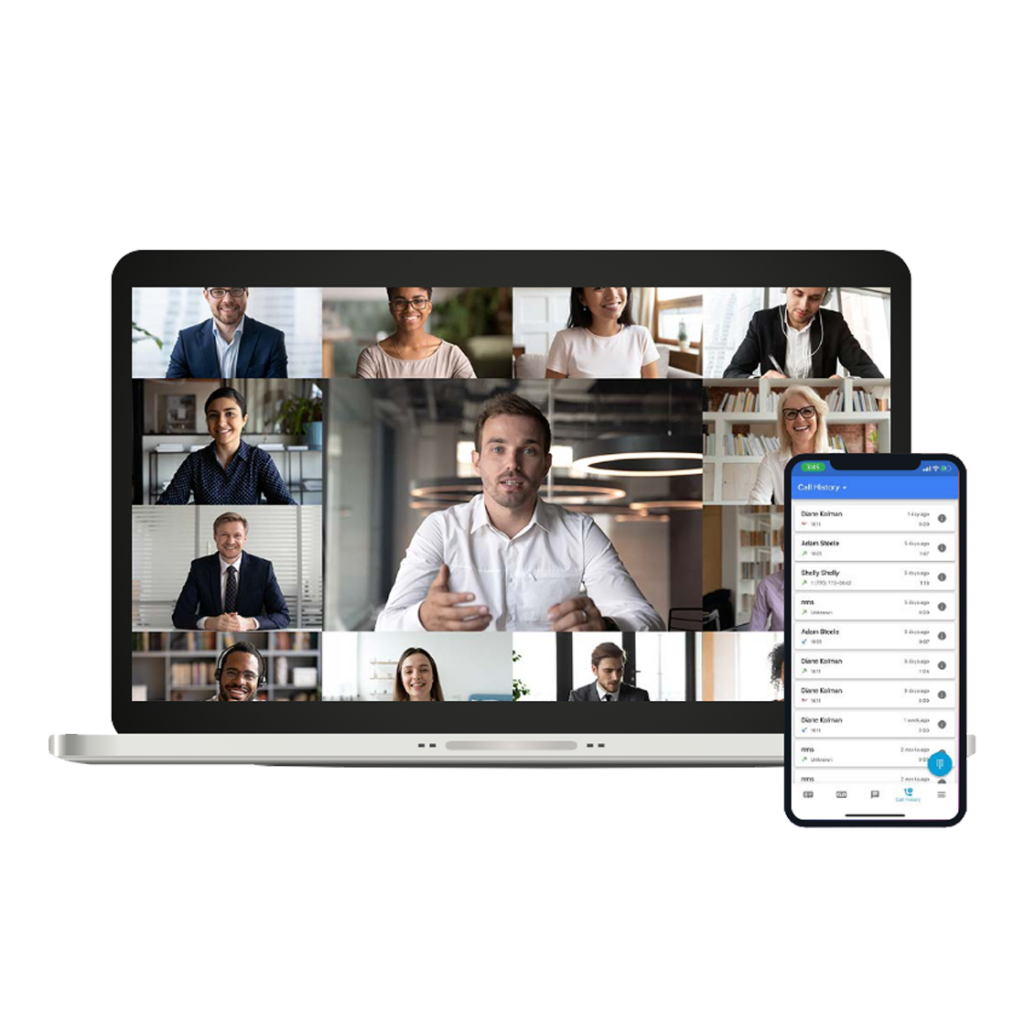 Laptop displaying faces on video conference call, mobile phone showing call log.